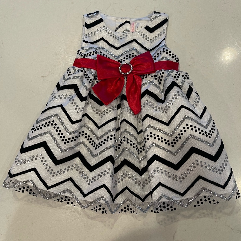 Holiday dress 12/18 Month white and black sparkle dress with red bow.